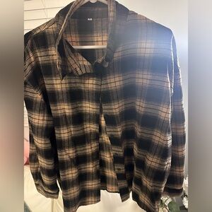 Unisex Black and Tan Plaid Button-Up Shirt